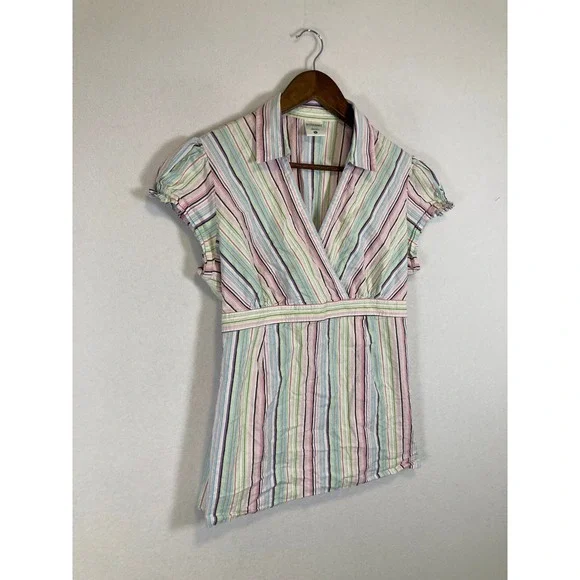 Pastel Preppy Motherhood Maternity Women Large Multi Color Striped Wrap Top - Picture 9 of 9